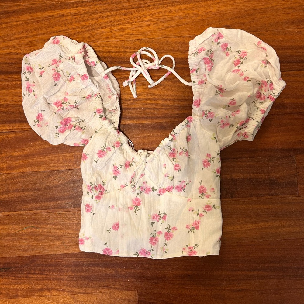 Floral Puff Sleeve Top - Pink and White